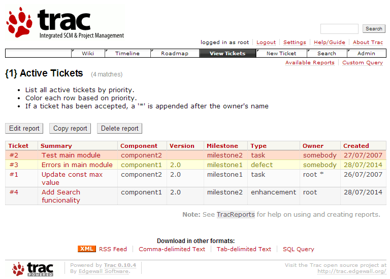 Trac でのチケットのリスト