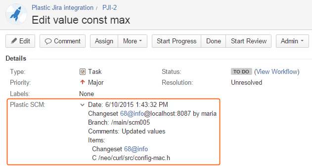Jira イシューの詳細 - 変更セット - Plastic SCM チェックイン情報