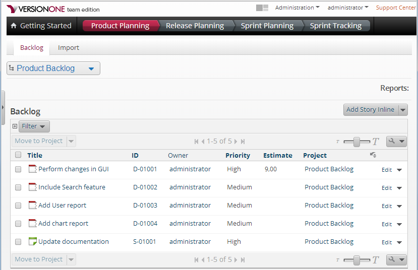 VersionOne での不具合のリスト