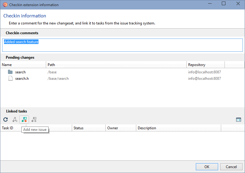 Plastic SCM - Windows - 「チェックイン」ダイアログと「新規イシューを追加」オプション
