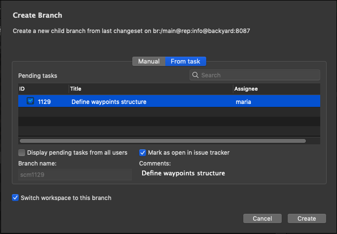 Plastic SCM - macOS - 新規ブランチを「タスクから」作成