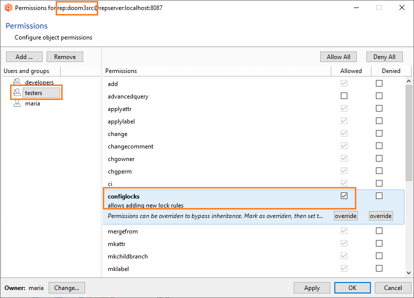 Repository permissions - Allow configlocks to the testers group