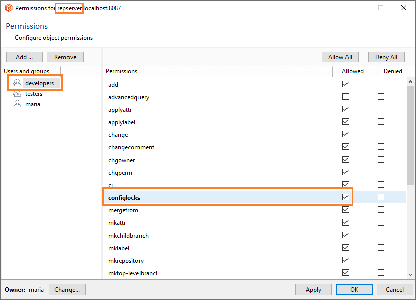 Repository server permissions - Allow configlocks to the developers group