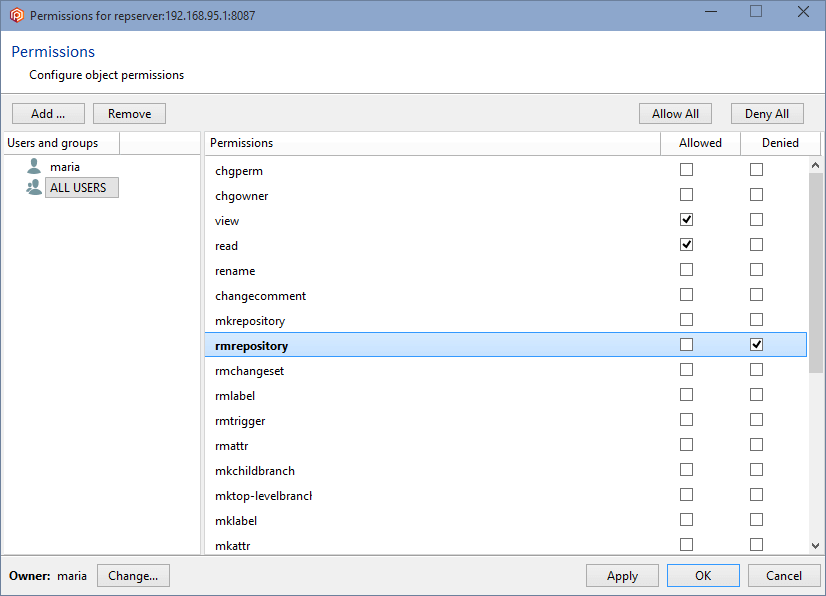 Repository server permissions - Deny rmrepository ALL USERS