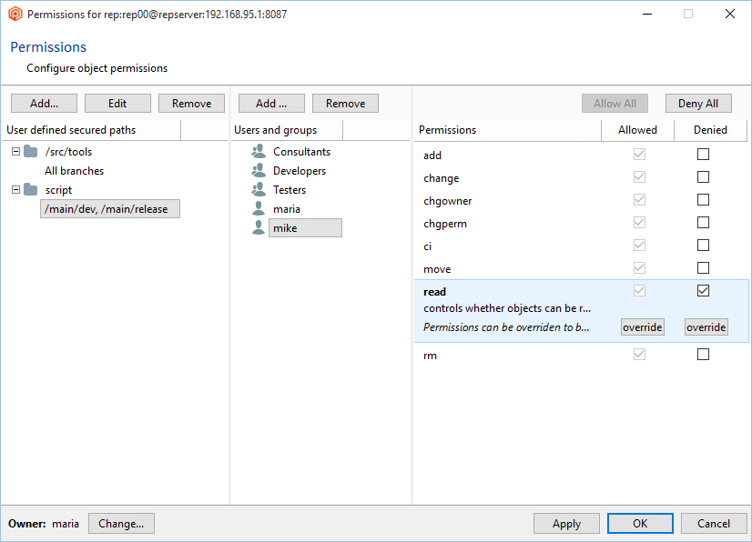 Path permissions - Secured path - Update - Branches - Deny read