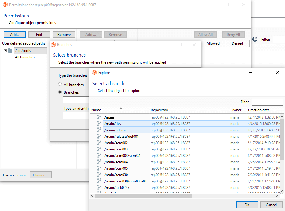 Path permissions - Secured path - Update - Branches
