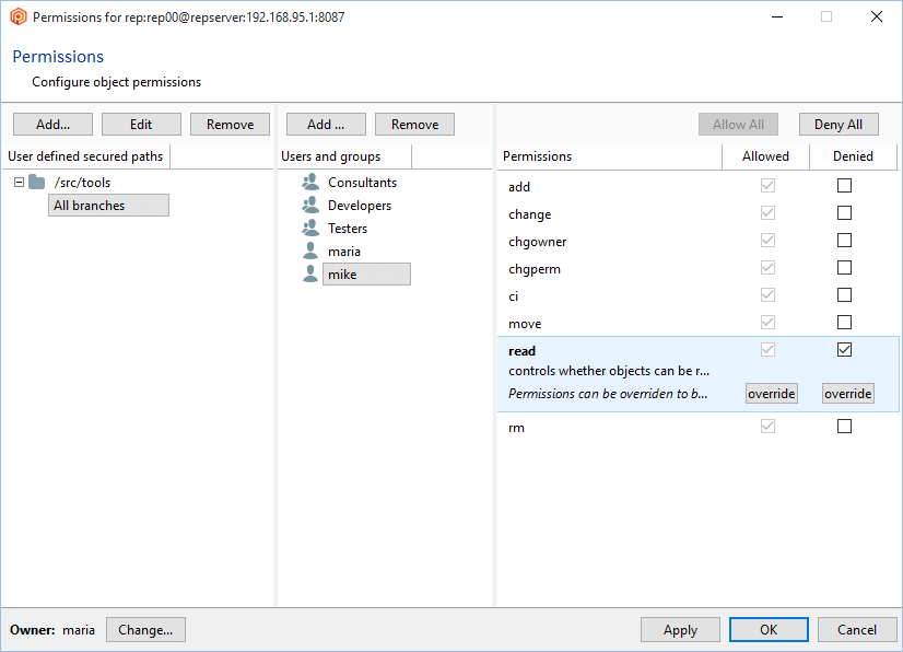 Path permissions - Secured path - Update - Deny read