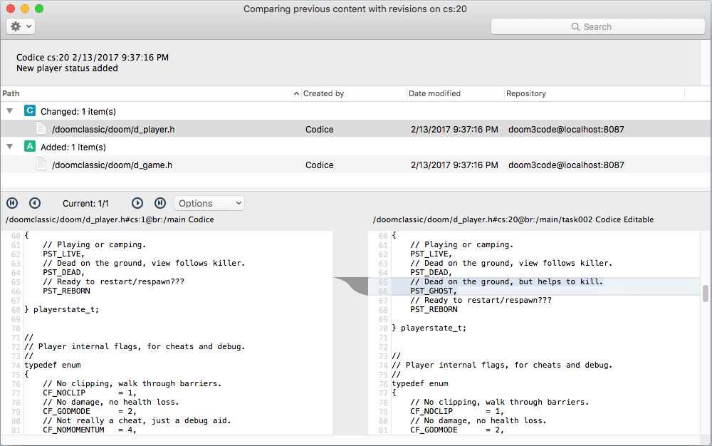 Plastic SCM GUI - macOS - Changeset comparison window