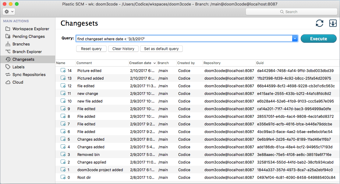 Plastic SCM GUI - macOS - Changesets view