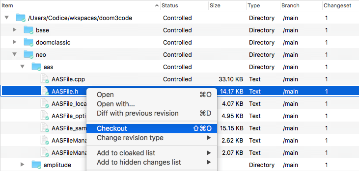 Plastic SCM GUI - macOS - Workspace Explorer - Checkout command