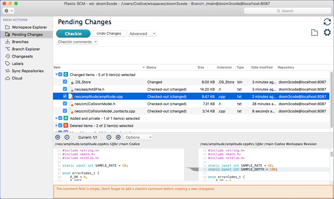 Plastic SCM GUI - macOS - Pending Changes view - Show diffs
