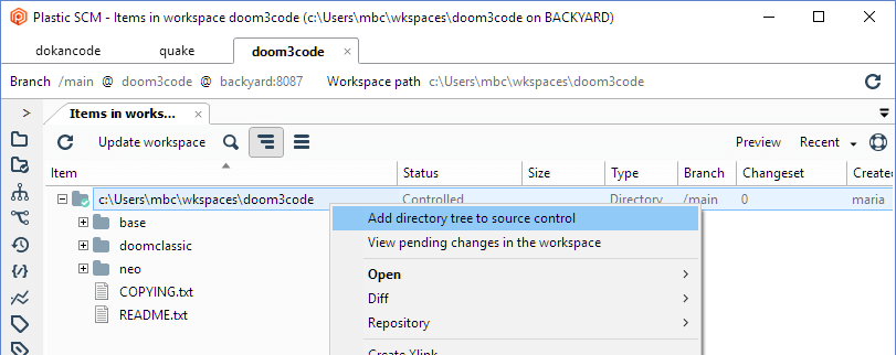 Plastic SCM GUI - Windows - Add directory tree to source control