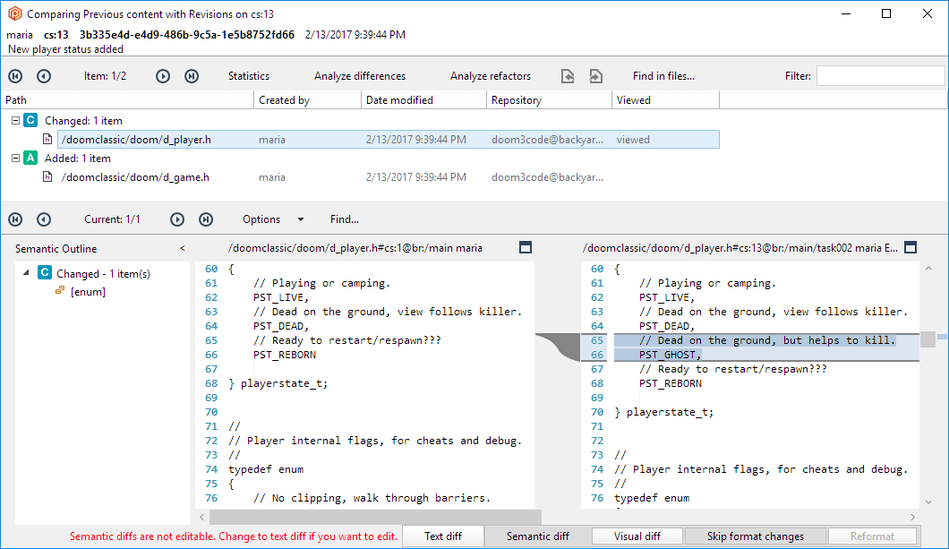 Plastic SCM GUI - Windows - Changeset comparison window