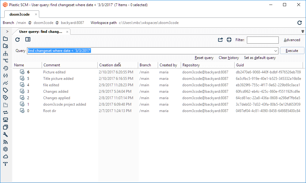 Plastic SCM GUI - Windows - Changesets view