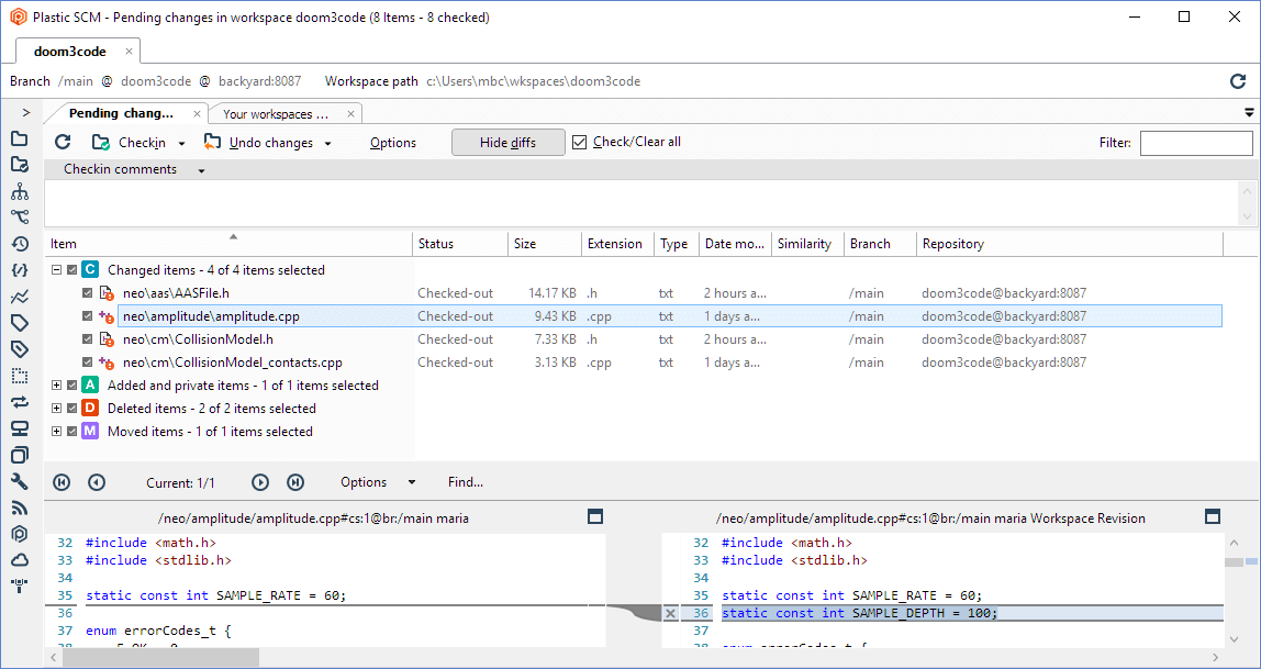 Plastic SCM GUI - Windows - Pending Changes view - Show diffs