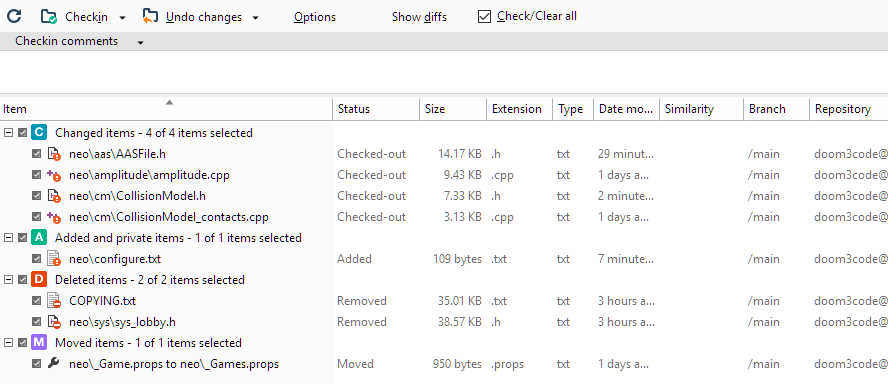 Plastic SCM GUI - Windows - Pending Changes view