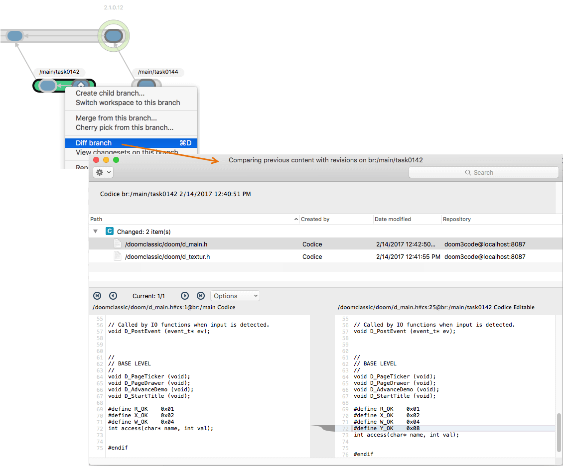 Plastic SCM GUI - macOS - Diff branch