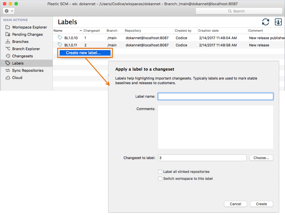 Plastic SCM GUI - macOS - Labels view