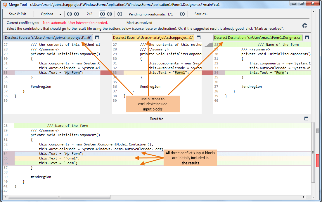 Resolving a conflict in the 3-way Merge tool