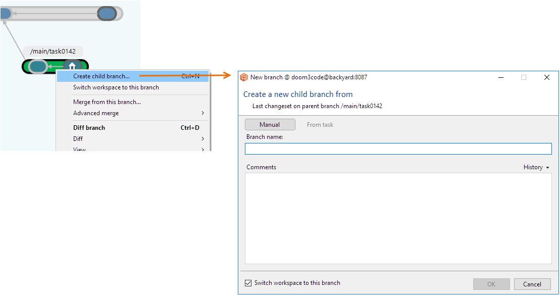 Plastic SCM GUI - Windows - Create child branch