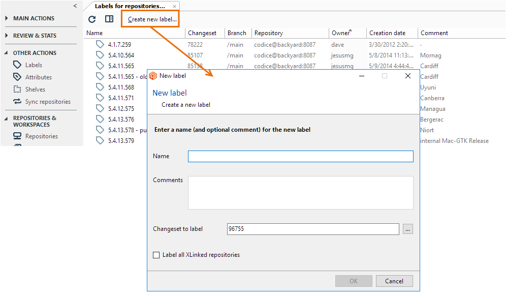 Plastic SCM GUI - Windows - Labels view