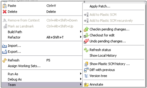 Eclipse Team menu with Plastic SCM commands